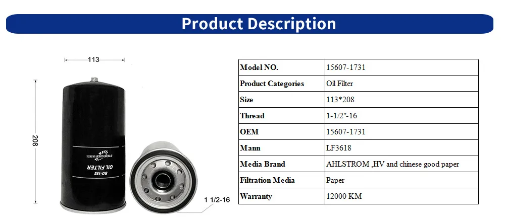 Truck Spare Parts Auto OEM Manufacture Price Lube Oil Filter for Hino Engine 15607-1731